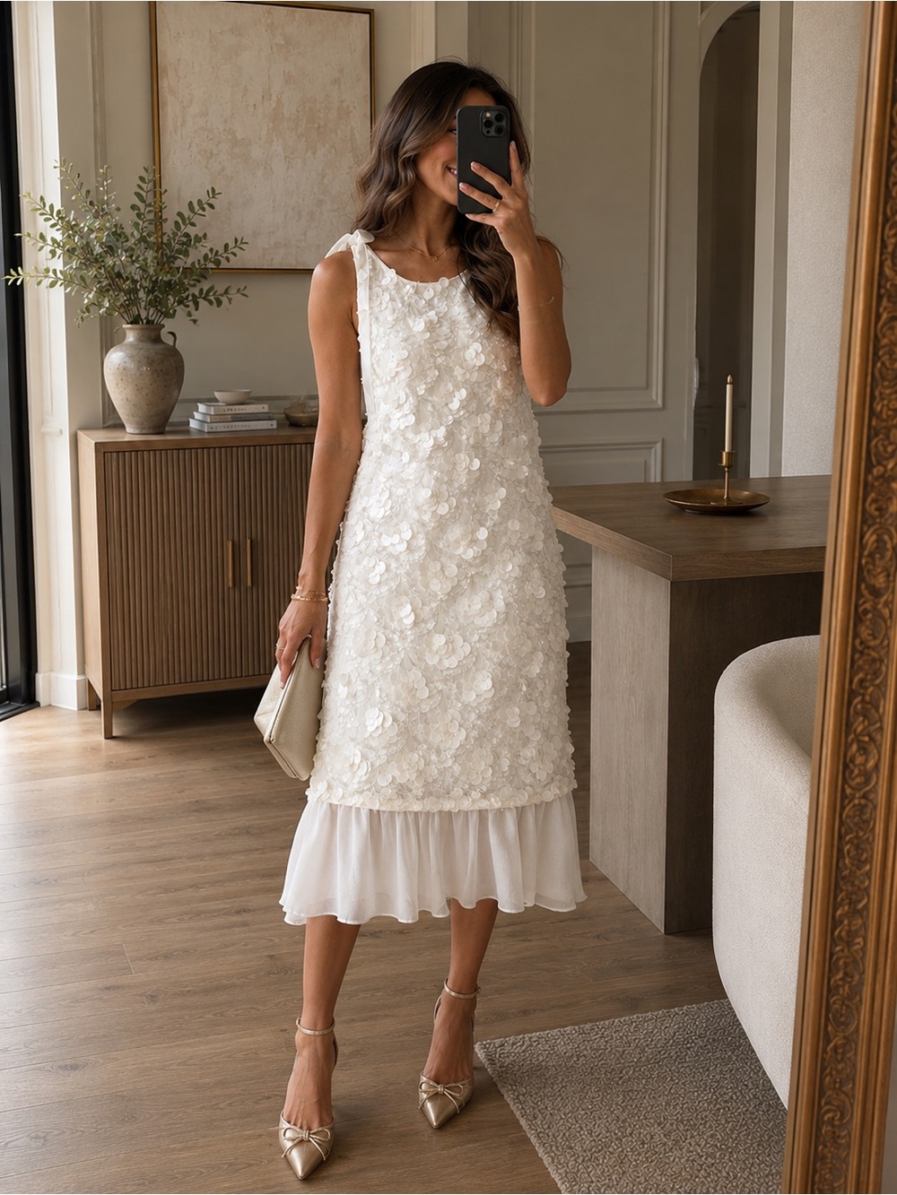 En Saison Ivory Sequin Midi Dress Tie Shoulder Ruffle Hem Party Bridal XS